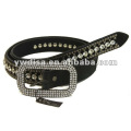women's PU belt with black PU, clear rhinestones, rivets, alloy accessories with gun-metal plated